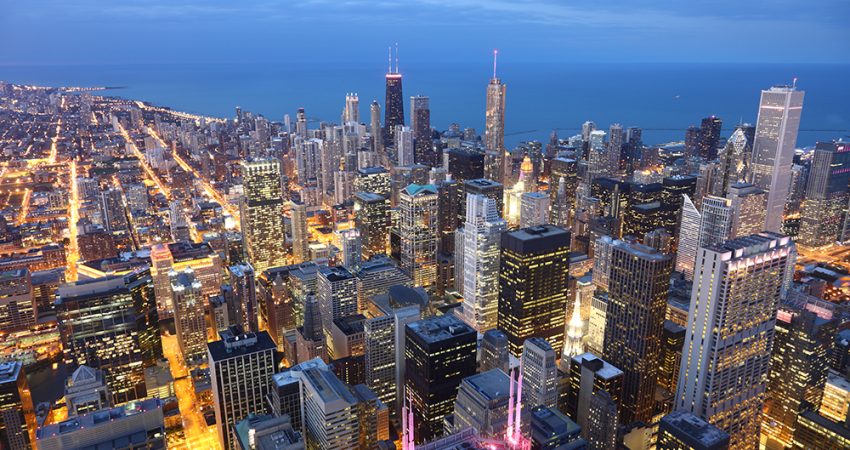 View to Downtown Chicago / USA from high above at twilight